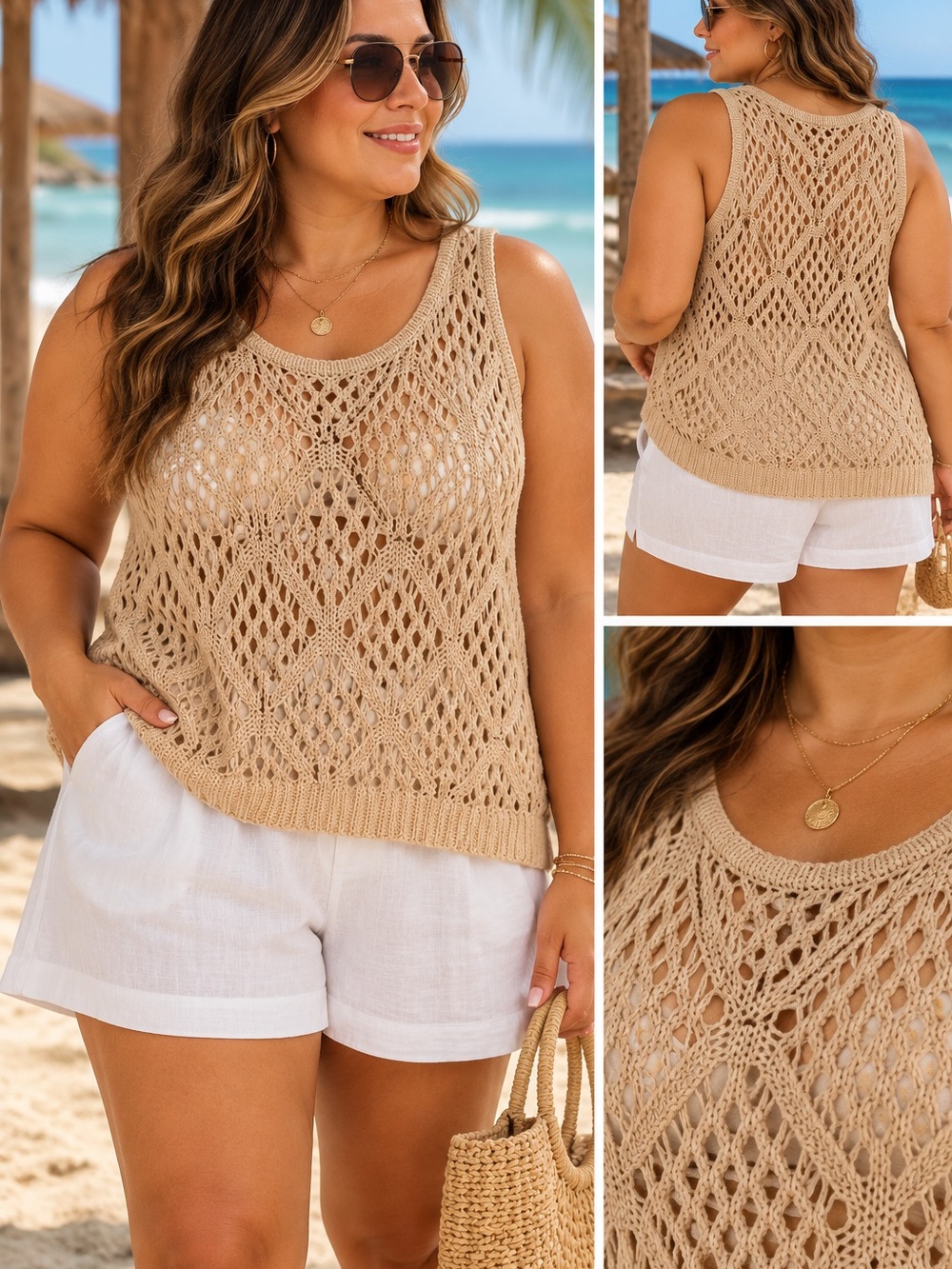 Neutral Beige Crochet Swim Coverup Tank - Women
